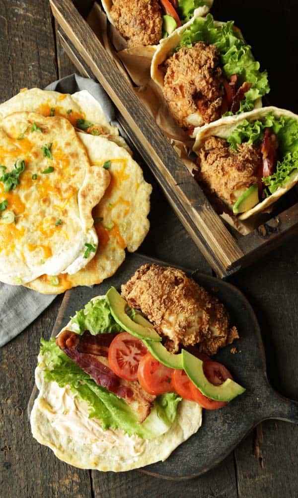 Fried Chicken and Cheddar Scallion Naan Bread Sandwich