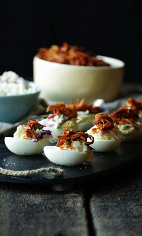 BBQ Pulled Chicken Deviled Eggs with Coleslaw