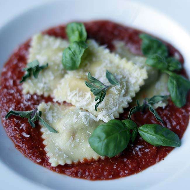 Braised Pork and Fontina Stuffed Ravioli with Sauce Pomodoro