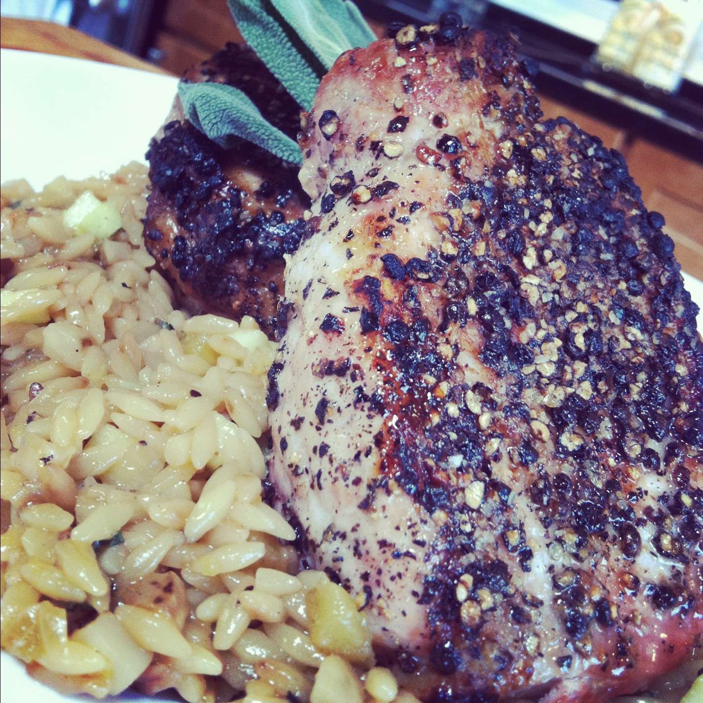 Vegetable Orzo with Boneless Peppered Pork Chops