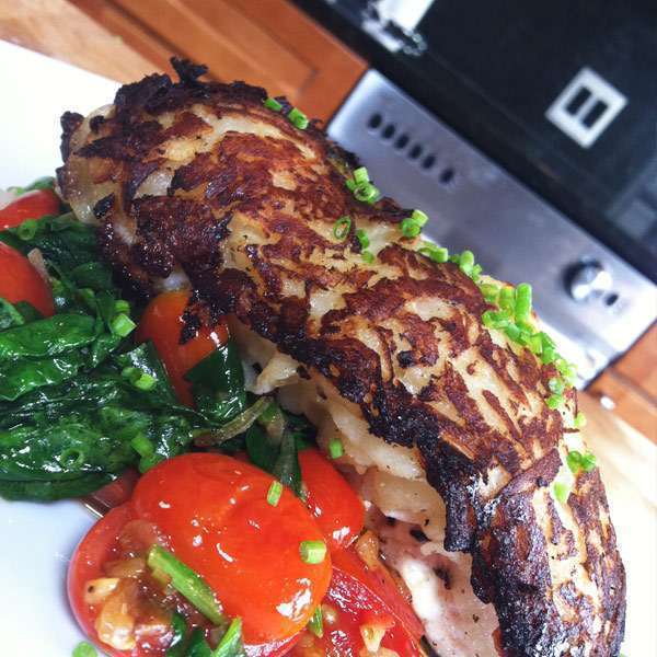 Potato Crusted Salmon Recipe with Sauteed Spinach