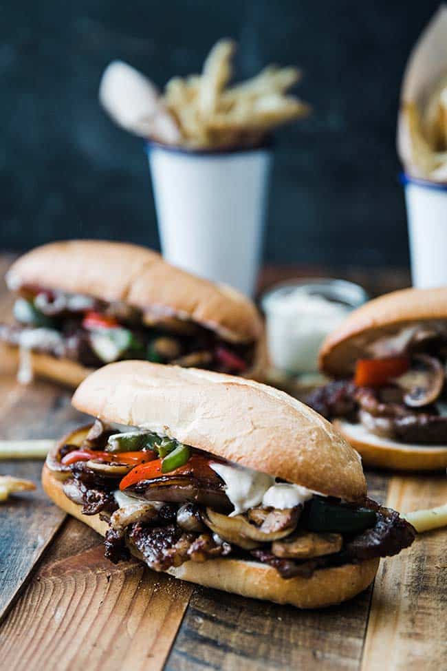 steak sandwich with french fries
