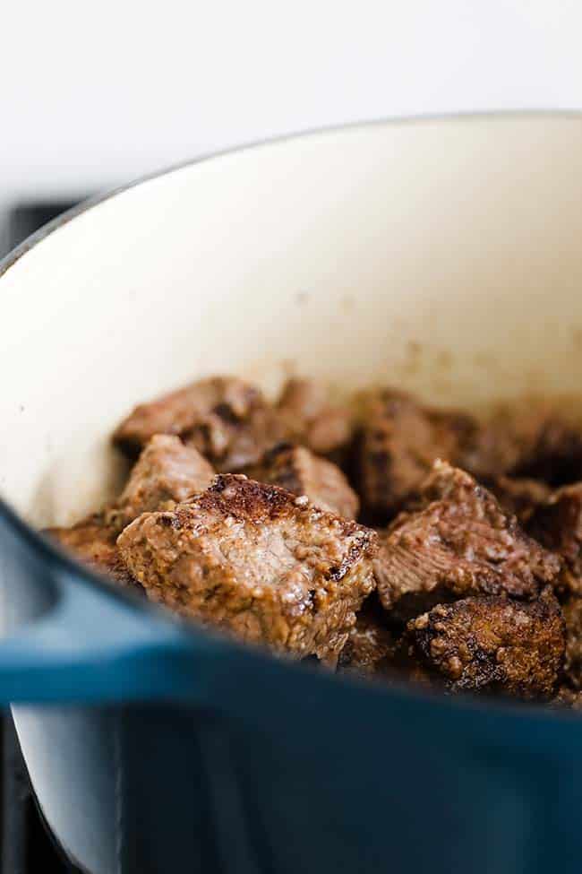 browned cubed beef in a large pot