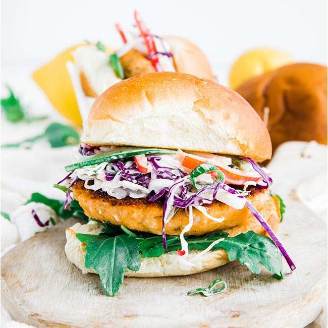 Salmon Burgers Recipe with Jicama Coleslaw and Dill Dressing - Chef