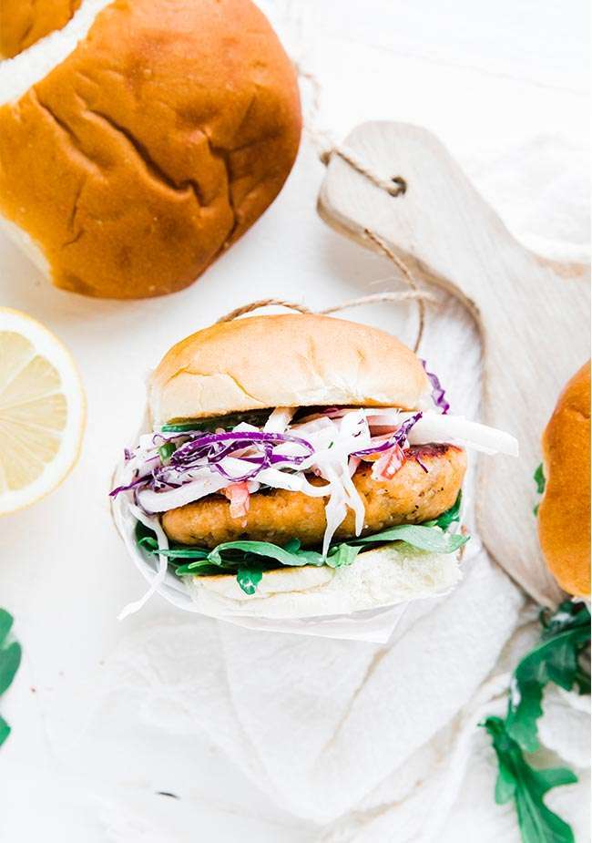 Salmon Burgers Recipe with Jicama Coleslaw and Dill Dressing Chef
