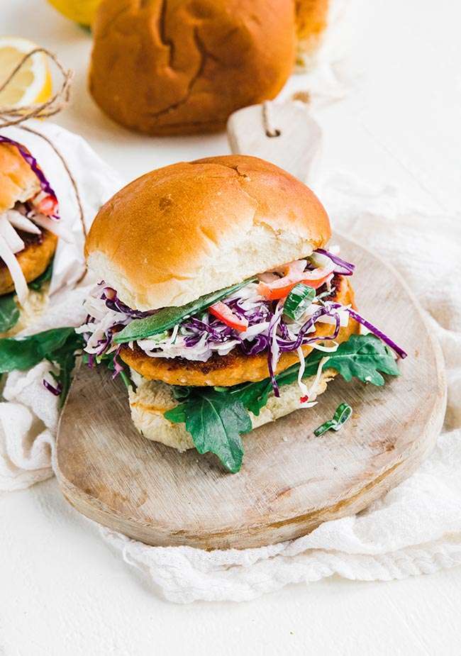 Salmon Burgers Recipe with Jicama Coleslaw and Dill Dressing Chef