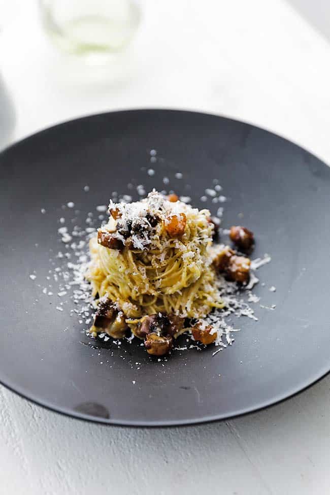 pasta carbonara with white wine on a plate