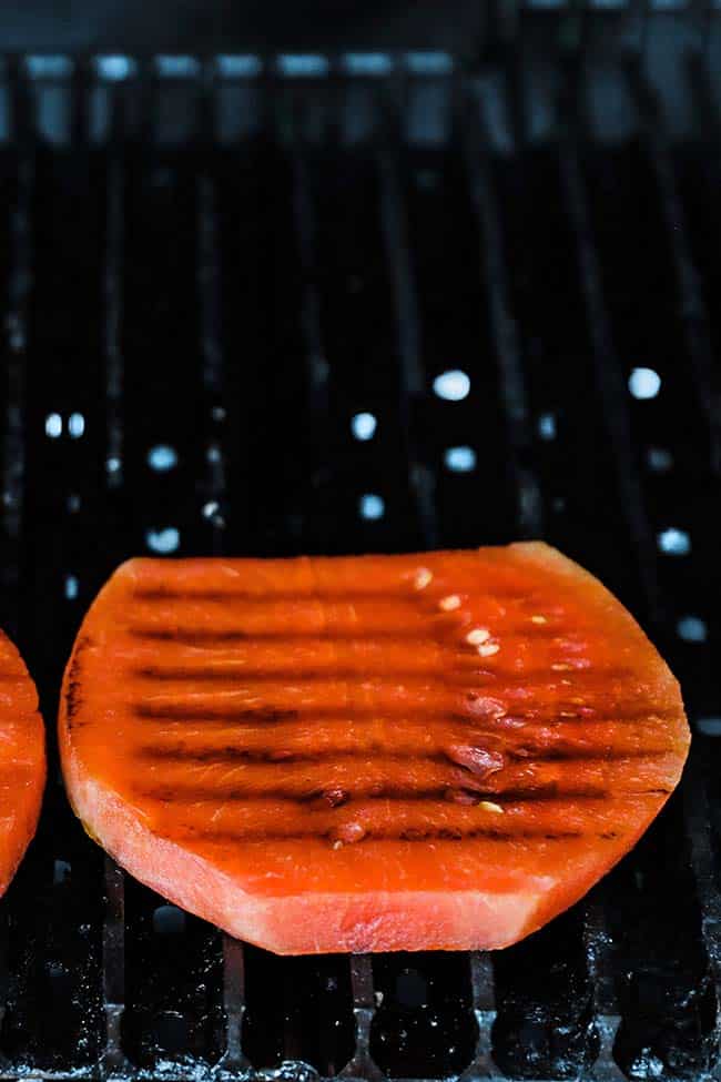 watermelon on the grill with grill marks