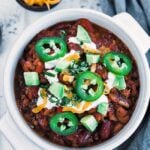 chili with jalapenos, avocados, cheese and sour cream