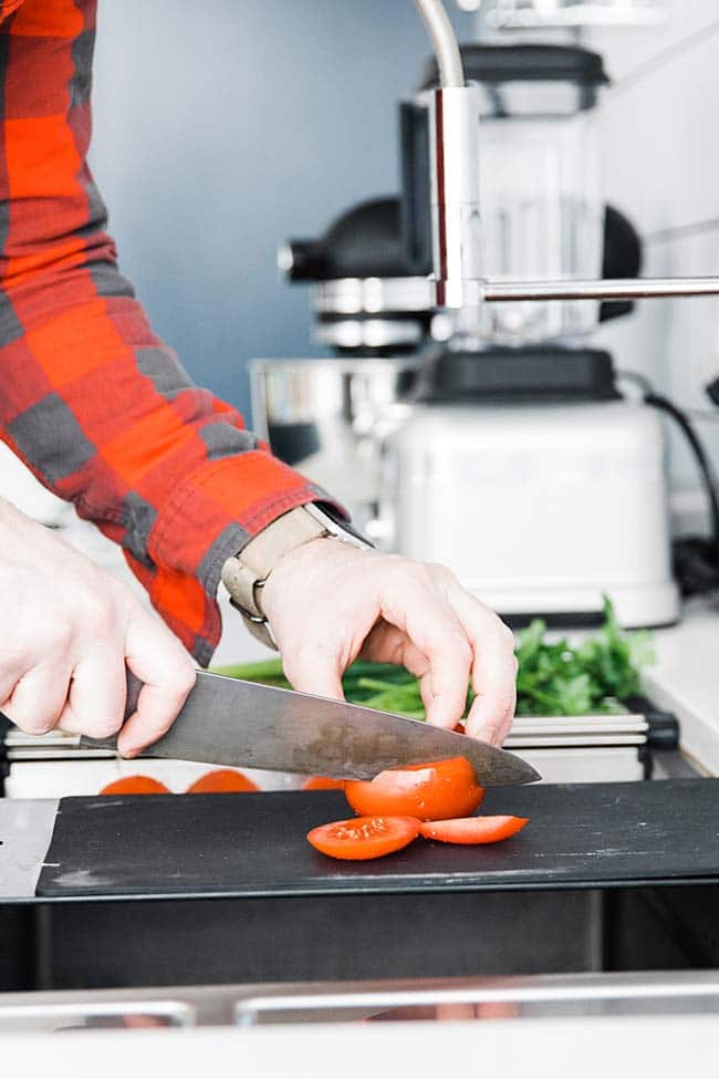 dicing tomatoes for beer cheese dip