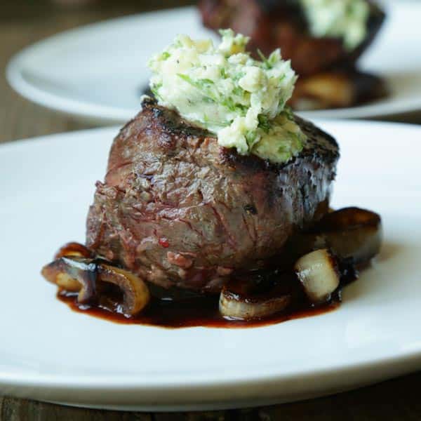 Grilled Steak with Blue Cheese Butter and Balsamic Onions