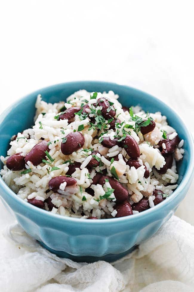 jamaican rice and beans with parsley garnish