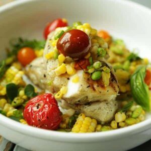 grille sea bass in a bowl with tomatoes, corn and hatch chiles