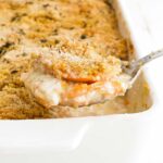 sweet potato au gratin in a casserole dish