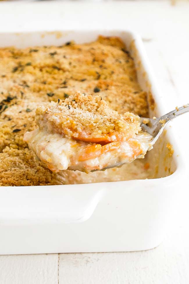 sweet potato au gratin in a casserole dish