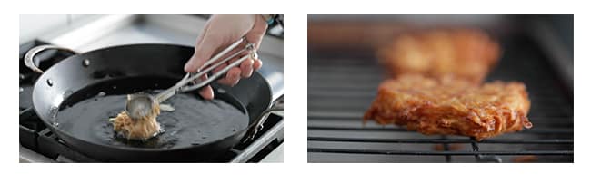 frying latkes in a sate pan with oil and draining them on a rack