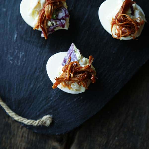 BBQ Pulled Chicken Deviled Eggs with Coleslaw