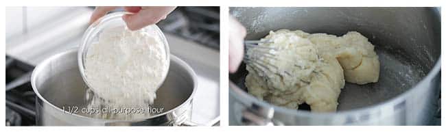 adding flour to a pot and whisking it