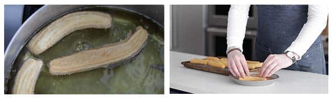 frying churros and coating in cinnamon and sugar