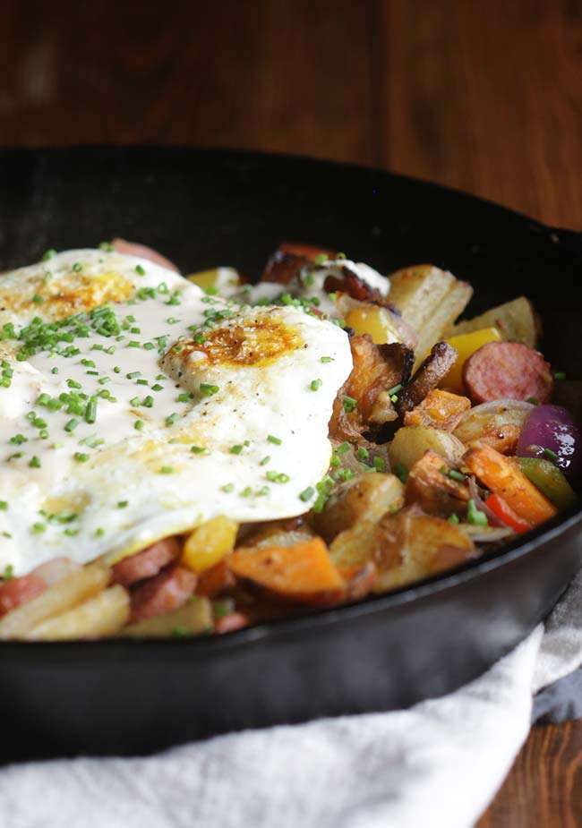 Turkey Sausage Hash with Fried Eggs and Milk Gravy