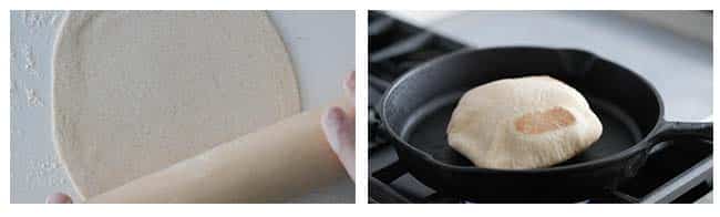 rolling out pita dough balls and cooking it in a pan