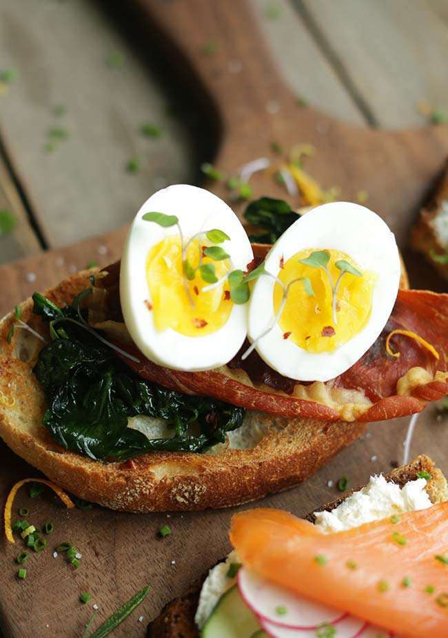 soft boiled eggs, crispy prosciutto and greens toast
