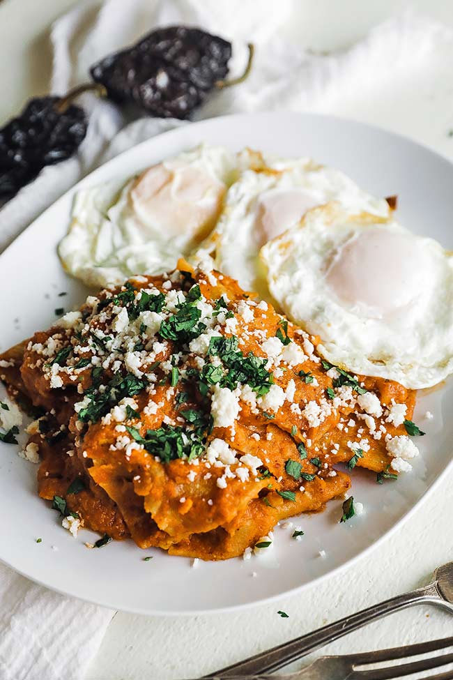 chilaquiles rojos with queso fresco and eggs