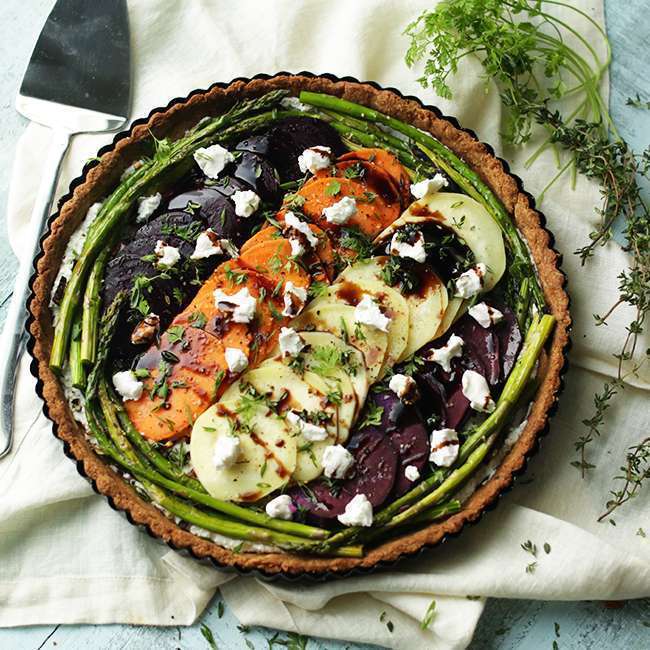 Savory Tart with Sweet Potatoes and Goat Cheese in Honey Wheat Crust