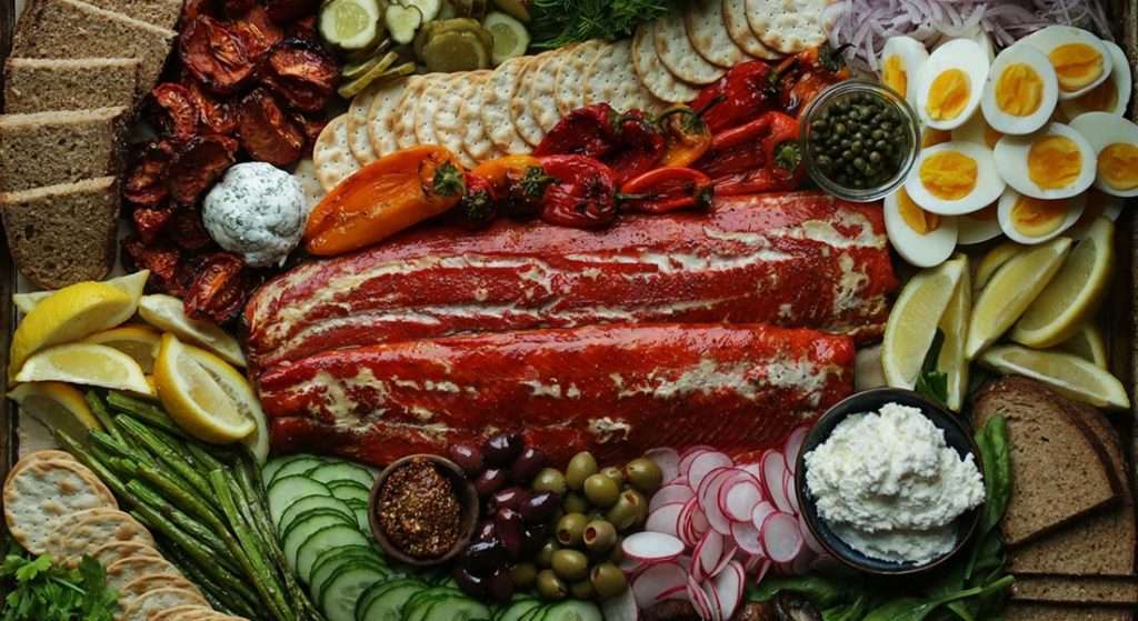 smoked salmon platter with assorted toppings and dippers
