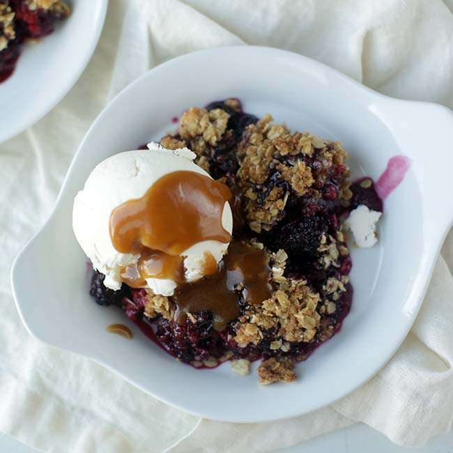 Berry Crisp Recipe with Homemade Caramel and No Churn Ice Cream