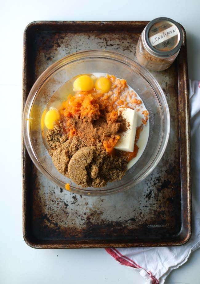 bowl with brown sugar, eggs and mashed sweet potato