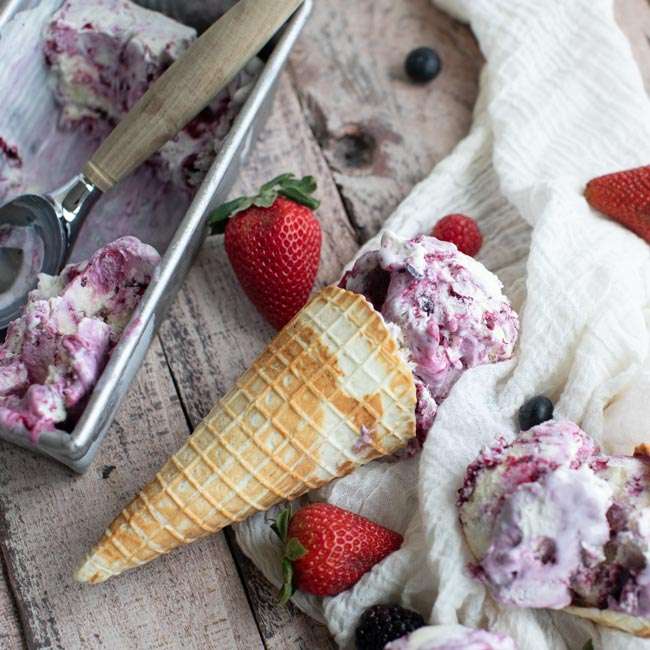 Fresh Berry Ice Cream in a Homemade waffle Cone