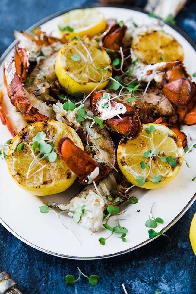 grilled lemons and lobster tails