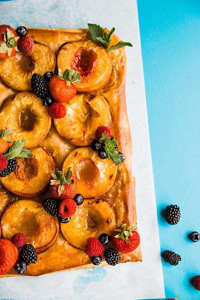 homemade puff pastry tart with peaches