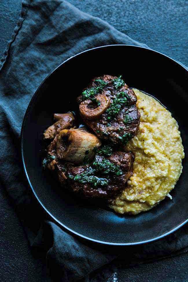 braised veal osso bucco shanks with herbs and polenta