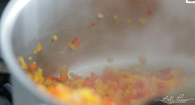 searing peppers and onions