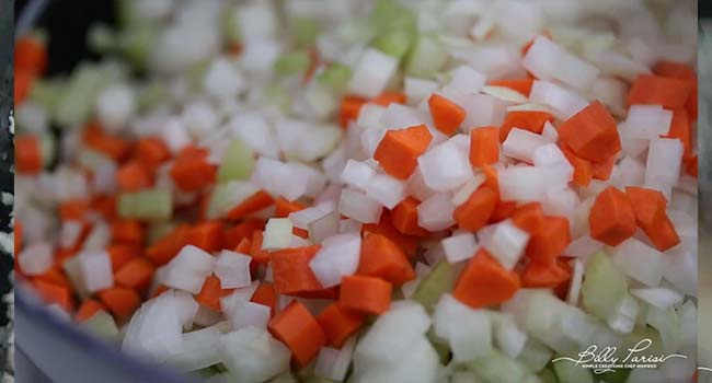 cooking mirepoix in a pot