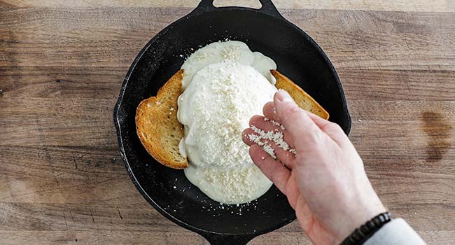 sprinkling cheese on a cheese sauce