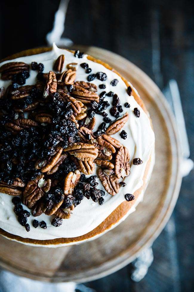 pumpkin layer cake with pecans and currants