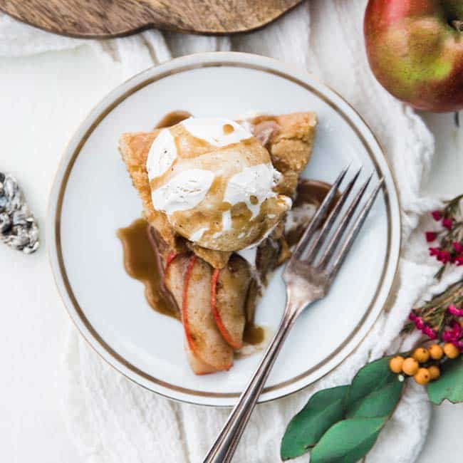slice of apple galette with caramel and ice cream