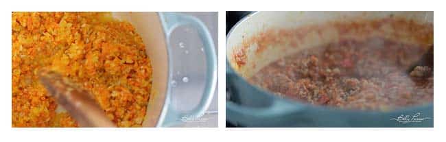 process on how to make a bolognese sauce in a pot on the stove