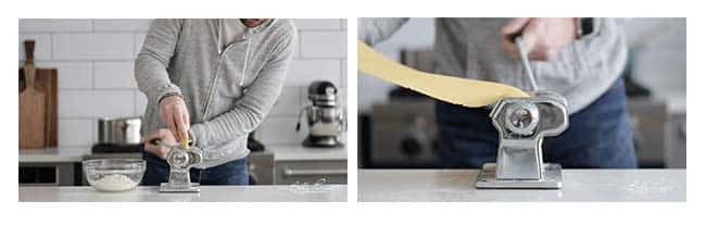 running pasta dough through a hand crank pasta maker