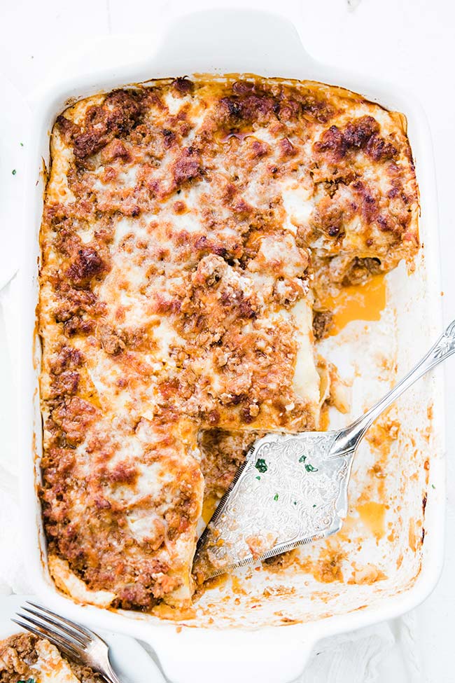 casserole dish full of lasagna bolognese