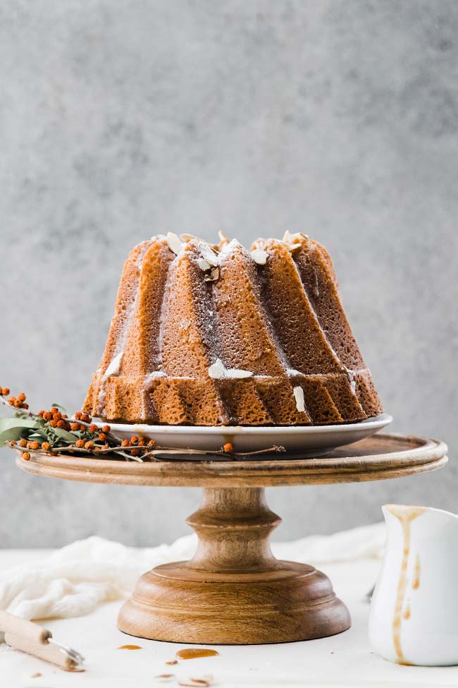 homemade sour cream bundt cake with caramel sauce