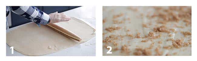 rolling out dough on a countertop and sprinkling it with brown sugar, cinnamon and butter