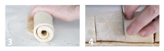 rolling up cinnamon dough and slicing them into 2" thick pieces