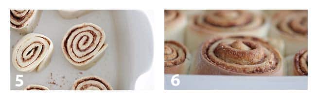 rolled up cinnamon rolls in a casserole dish pre baked and baked