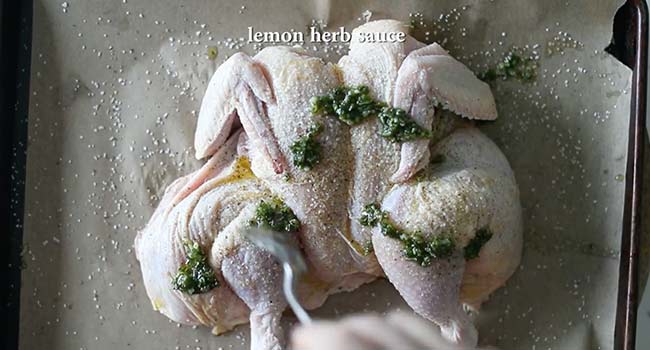 adding herbs to a flattened chicken