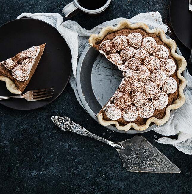 french chocolate silk pie recipe with a homemade crust and whipped cream