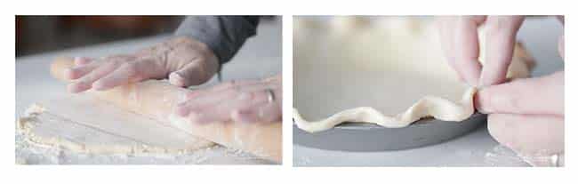 rolling out the dough and fluting the edges in a pie pan